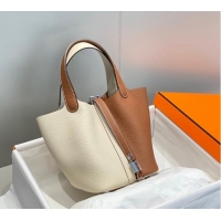 Big Discount Hermes Picotin Lock Bag 18cm in Patchwork Grained Leather H6015 Cream White/Brown