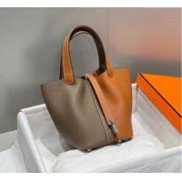 Famous Brand Hermes Picotin Lock Bag 18cm in Patchwork Grained Leather H6015 Elephant Grey/Brown