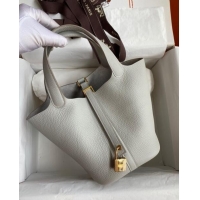 Pretty Style Hermes Picotin Lock Bag 18cm/22cm in Taurillon Clemence Leather H0701 Pearl Grey/Gold (Full Handmade)