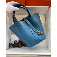 Low Price Hermes Picotin Lock Bag 18cm/22cm in Taurillon Clemence Leather H0701 Denim Blue/White/Silver (Full Handmade)