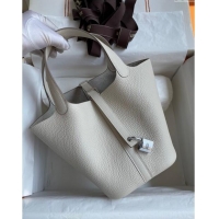 Best Grade Hermes Picotin Lock Bag 18cm/22cm in Taurillon Clemence Leather H0701 Milk Shake White/Silver (Full Handmade)