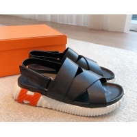 Pretty Style Hermes Electric Sandals in Calfskin Leather Black/Orange 326113