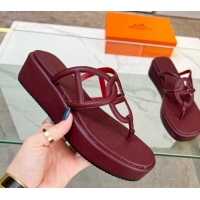 Low Cost Hermes Egerie Wedge Thong Slide Sandals in Nappa Calfskin Burgundy 326119