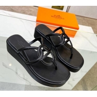 Unique Style Hermes Egerie Wedge Thong Slide Sandals in Nappa Calfskin Black 326122