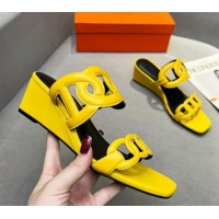 Good Looking Hermes Gaby Leather Wedge Slide Sandals 5.5cm Yellow 326131