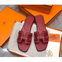 Trendy Design Hermes Classic Oran Flat Slide Sandals in Calfskin with Stripes Embroidery Red 327002