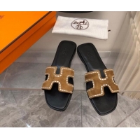 Stylish Hermes Classic Oran Flat Slide Sandals in Suede with Crystal Beads Brown 327005