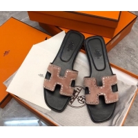 Popular Style Hermes Classic Oran Flat Slide Sandals in Suede with Crystal Beads Light Pink 327006