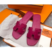 Classic Hot Hermes Classic Oran Flat Slide Sandals in Suede Fuchsia Pink 327007