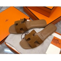 Good Quality Hermes Classic Oran Flat Slide Sandals in Suede Brown 327008