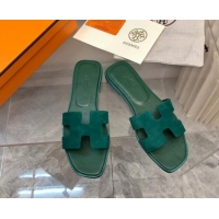 Charming Hermes Classic Oran Flat Slide Sandals in Suede Green 0327009