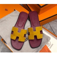 Sumptuous Hermes Classic Oran Flat Slide Sandals in Suede Yellow/Burgundy 0327010