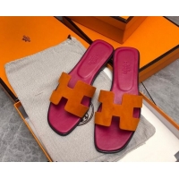 Sophisticated Hermes Classic Oran Flat Slide Sandals in Suede Orange/Pink 0327011