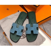 Stylish Hermes Classic Oran Flat Slide Sandals in Suede Blue/Green 0327012