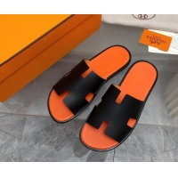 Luxury Hermes Men's Classic Izmir Flat Slide Sandals in Palm-Grained Leather Black/Orange 327017