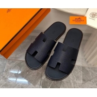 Luxury Cheap Hermes Men's Classic Izmir Flat Slide Sandals in Palm-Grained Leather Dark Blue 327019