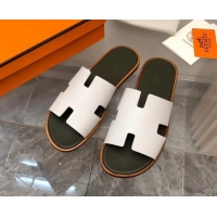 Hot Style Hermes Men's Classic Izmir Flat Slide Sandals in Palm-Grained Leather White/Dark Green 327021