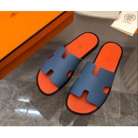 Grade Quality Hermes Men's Classic Izmir Flat Slide Sandals in Palm-Grained Leather Blue/Orange 327024