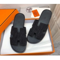 Pretty Style Hermes Men's Classic Izmir Flat Slide Sandals in Denim Black 327026