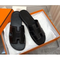 Perfect Hermes Men's Classic Izmir Flat Slide Sandals in Calfskin with Stitching Black 327028