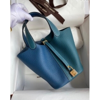 Fashion Hermes Picotin Lock Bag 18cm/22cm in Taurillon Clemence Leather H2901 Denim Blue/W0 Grren/Gold (Full Handmade)