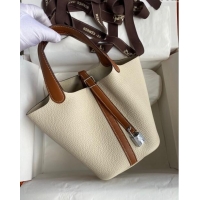 Top Grade Hermes Picotin Lock Bag 18cm/22cm in Taurillon Clemence Leather and Swift Leather 42906 Milk Shake White/Silve