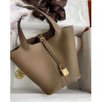 Famous Brand Hermes Picotin Lock Bag 18cm/22cm in Taurillon Clemence Leather  H2901 Etoupe/Gold (Pure Handmade)