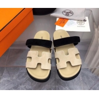 Duplicate Hermes Chypre Flat Sandals in Suede Beige/Black 0327038