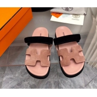 Purchase Hermes Chypre Flat Sandals in Suede Pink/Black 0327039