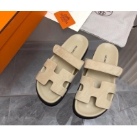 Good Quality Hermes Chypre Flat Sandals in Suede Light Beige 0327041