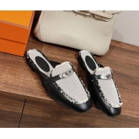 Stylish Hermes OZ Mules in Smooth Calfskin and Canvas Black 041802