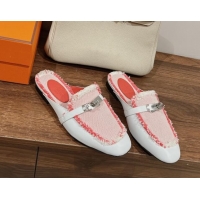 Best Price Hermes OZ Mules in Smooth Calfskin and Canvas White/Pink 041803