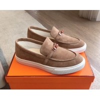 Good Product Hermes Game Suede Slip-on Sneakers with Kelly Buckle Light Brown 425096