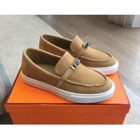 Leisure Hermes Game Suede Slip-on Sneakers with Kelly Buckle Brown Yellow 425097