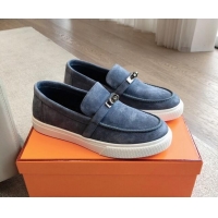 Good Quality Hermes Game Suede Slip-on Sneakers with Kelly Buckle Dark Blue 425099