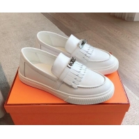 Shop Duplicate Hermes Game Calfskin Slip-on Sneakers with Kelly Buckle and Fringe White 425100