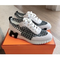 Unique Style Hermes Bouncing Sneakers in Printed Braided Silk and Suede Black/White 0425105