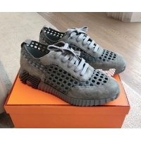 Trendy Design Hermes Bouncing Sneakers in Printed Braided Silk and Suede Dark Grey 425107