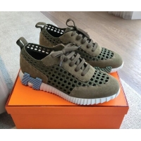 Best Product Hermes Bouncing Sneakers in Printed Braided Silk and Suede Green 425109