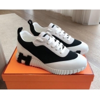 Luxury Hermes Bouncing Sneakers in Satin Knit and Suede White/Black 425119