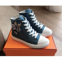 Stylish Hermes Illico High-top Sneakers in Blue Denim and Calfskin with Logo Patches 425137