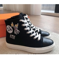 Buy Discount Hermes Illico High-top Sneakers in Canvas and Calfskin with Logo Patches Black 425138