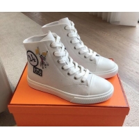 Low Price Hermes Illico High-top Sneakers in Canvas and Calfskin with Logo Patches White 425139