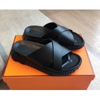 Best Grade Hermes Infra Slide Sandals in Nappa Leather All Black 425145