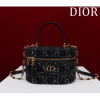 Good Quality Dior Caro Small Vanity Case in Cannage Tweed CD3002 Black 2024