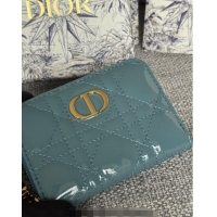 Buy Discount Dior Caro Zipped Wallet in Patent Cannage Calfskin 0523 Denim Blue 2024