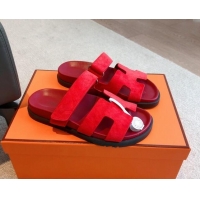 Charming Hermes Chypre Flat Sandals in Suede Red 425152