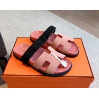 Good Quality Hermes Chypre Flat Sandals in Suede Pink 425155