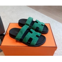 Perfect Hermes Chypre Flat Sandals in Suede Green 425156