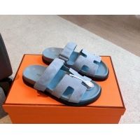 Top Grade Hermes Chypre Flat Sandals in Suede Light Blue 425160